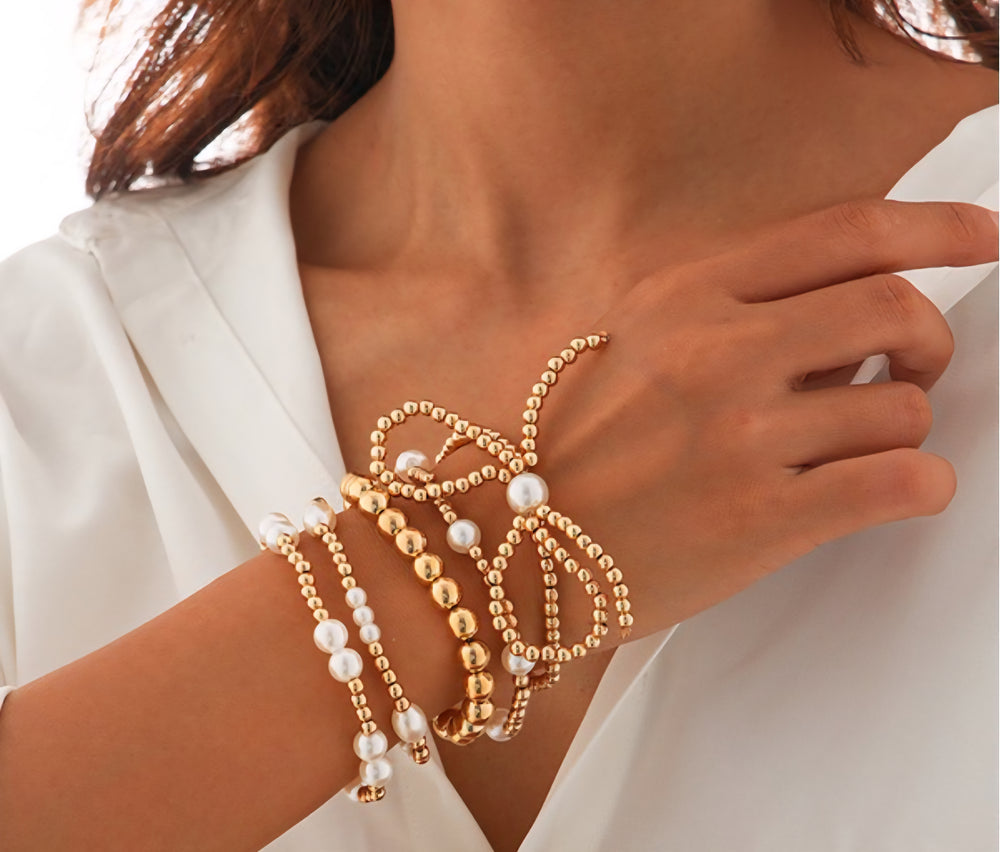 Gold + Pearl Bow Bracelet Stack