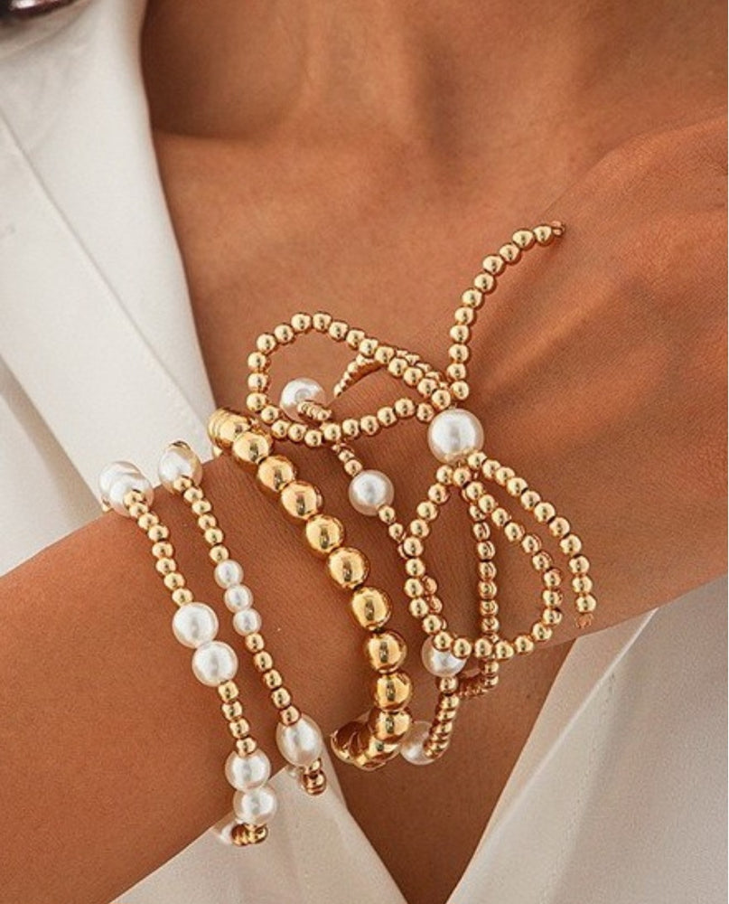 Gold + Pearl Bow Bracelet Stack